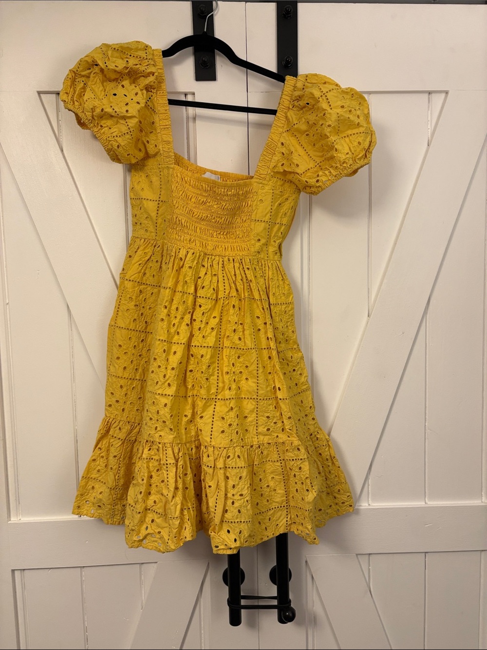 Ganni Yellow Eyelet Puff-Sleeve Mini Dress